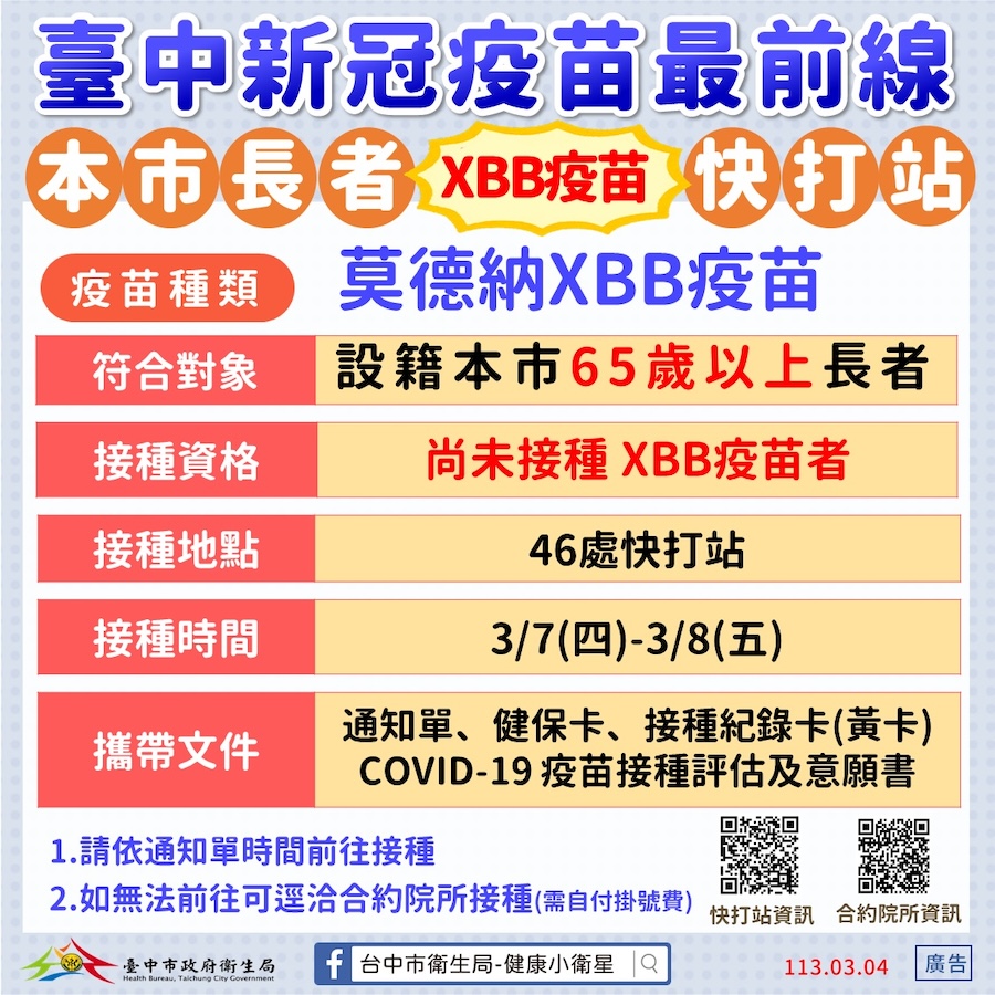 中市3/7-8重啟新冠XBB疫苗快打站 提供65歲以上長者便利溫馨接種服務
