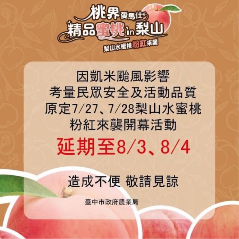 受凱米颱風外圍環流影響 中市7/27、28水蜜桃行銷活動順延一週