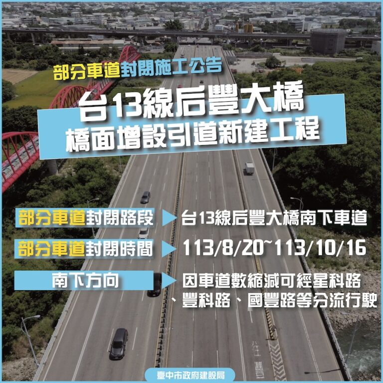 新設引道橋面將現身！ 中市后豐大橋8/20起調整部分車道