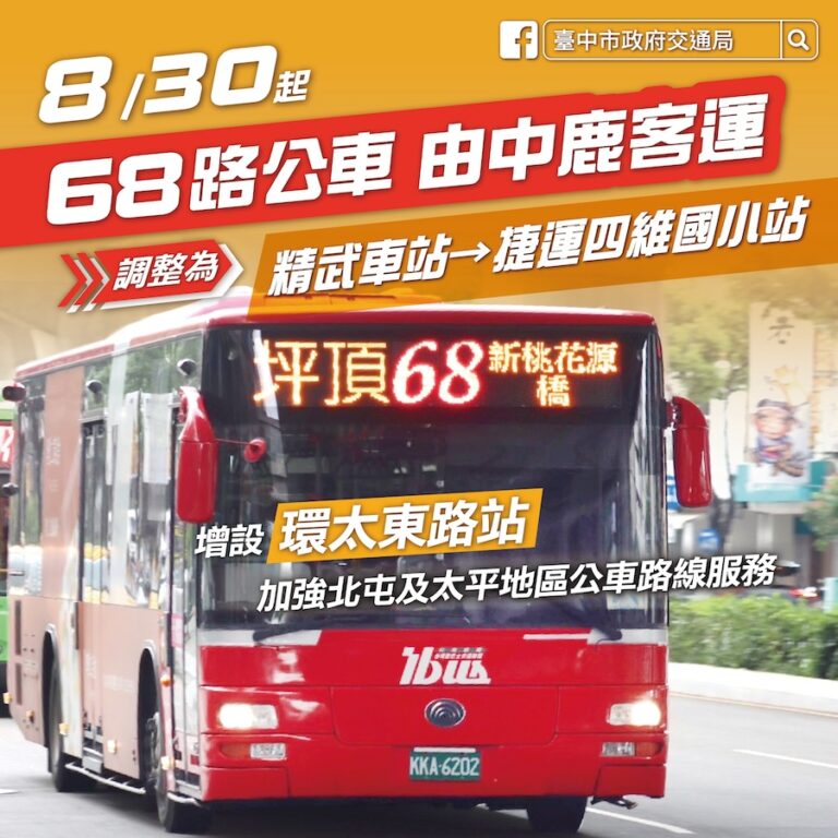 中市68路公車路線調整 北屯及太平區轉乘台鐵、捷運更便利