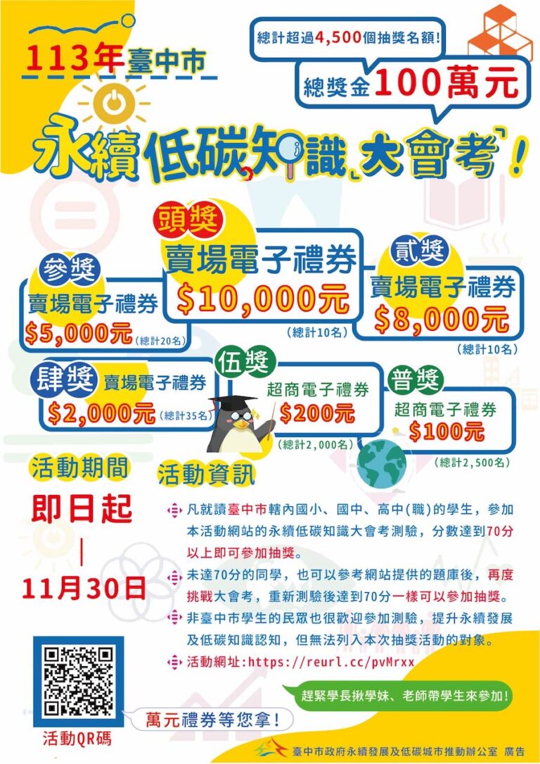 總獎金高達100萬元！「台中市永續低碳知識大會考」再度啟動