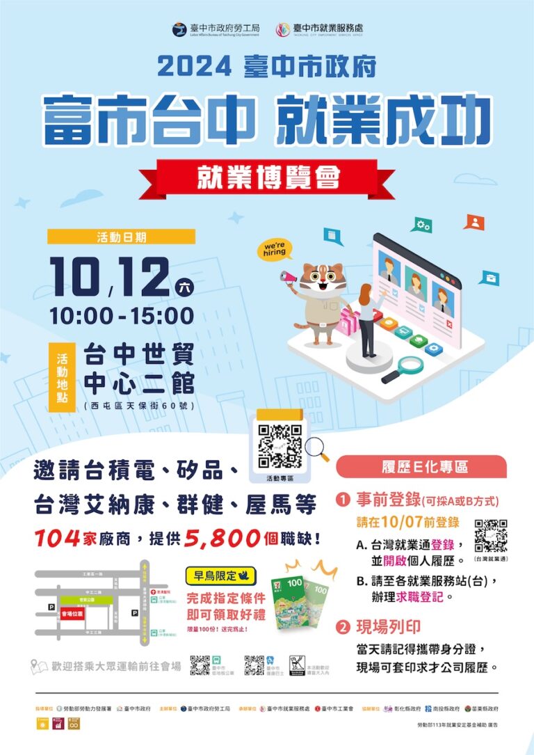 中市府就業博覽會10/12盛大登場 釋5,800個職缺、薪資上看7萬5千元