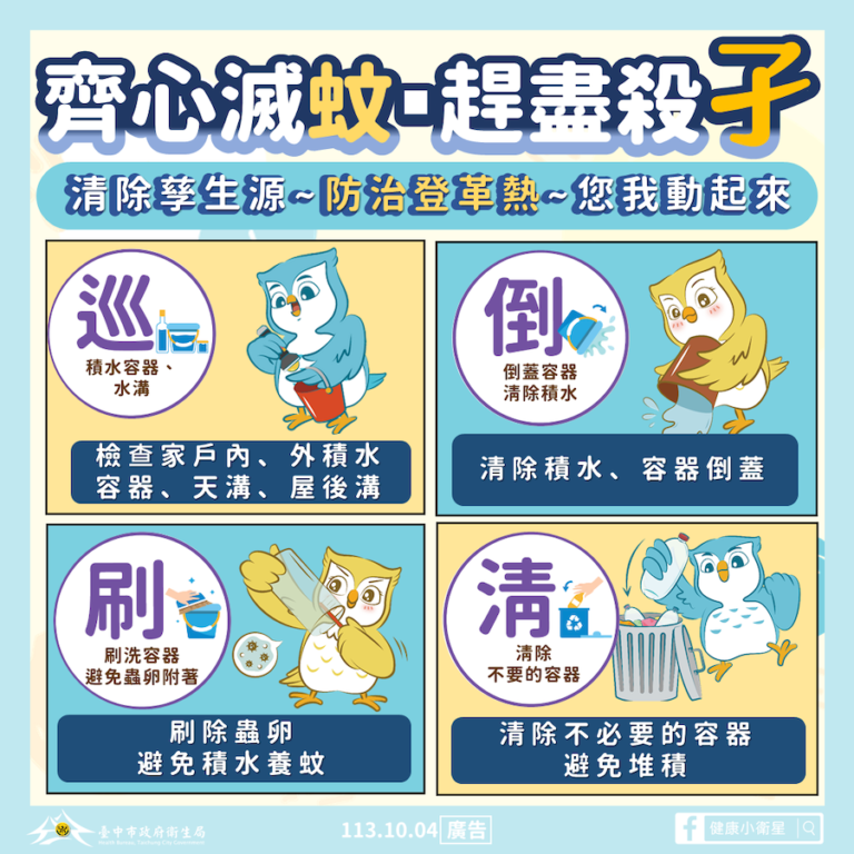 中市衛生局籲民眾共同防治傳染病 颱風後加強「巡、倒、清、刷」！
