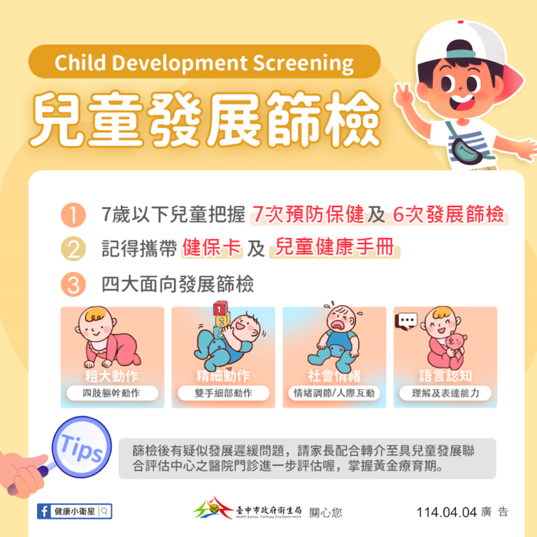 陪伴孩子健康發育 中市衛生局鼓勵善用兒童發展篩檢服務