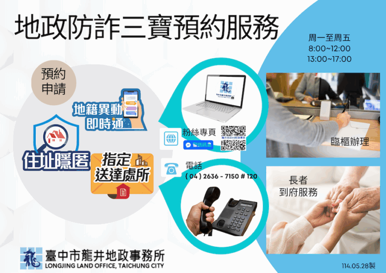 中市龍井地政超貼心加值服務！預約服務及到府辦理地政防詐三寶開跑