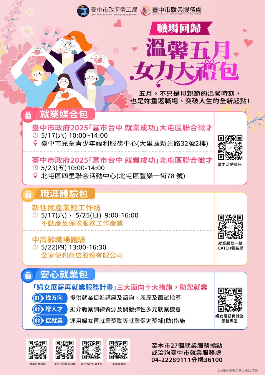 打造性別友善就業環境！中市勞工局母親節獻上「重回職場女力大禮包」