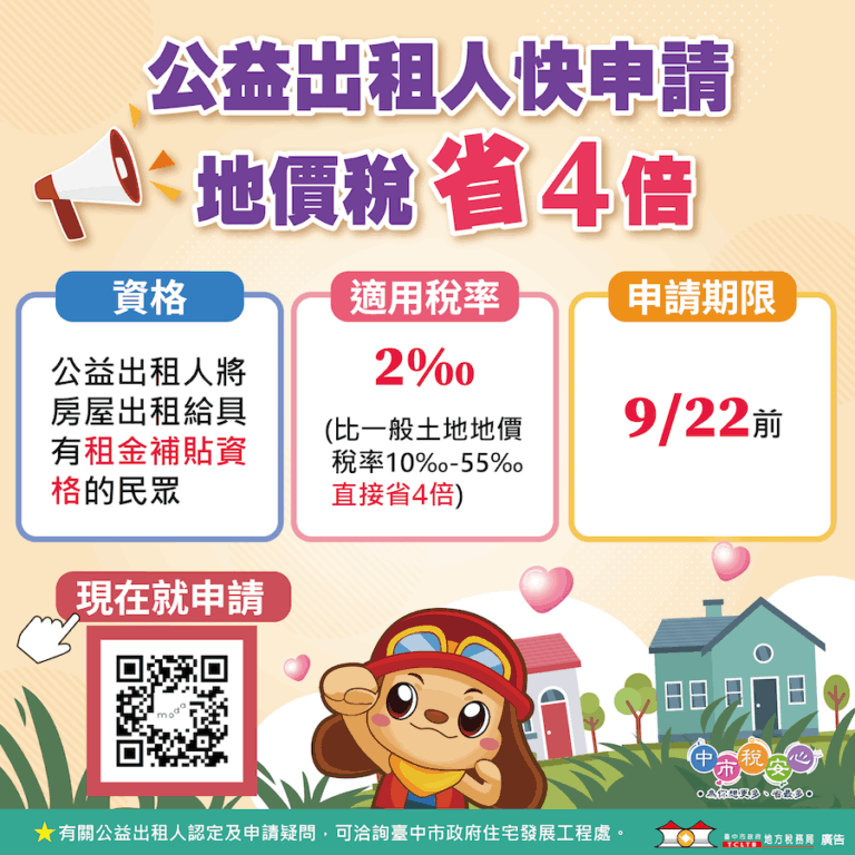 公益出租人地價稅立馬減4倍！ 中市地稅局提醒房東9/22前申請
