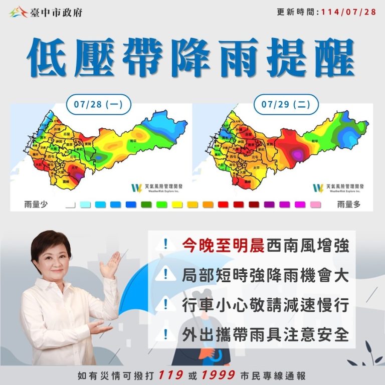 豪大雨接力來襲 中市府持續守護市民安全