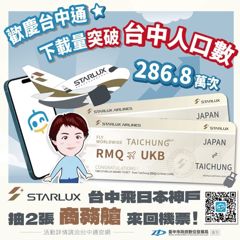 台中通APP下載超越台中人口數！ 數位局攜手星宇抽商務艙大獎