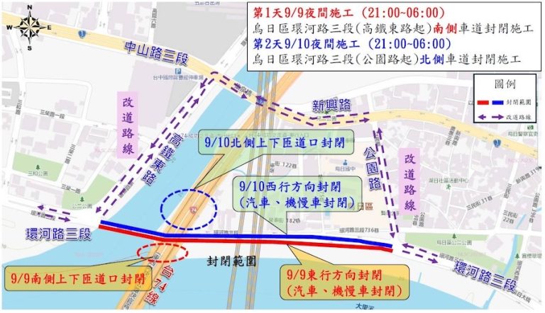 用路人注意！烏日環河路三段9/9-9/10夜間道路燙平施工　台74線成功匝道暫封