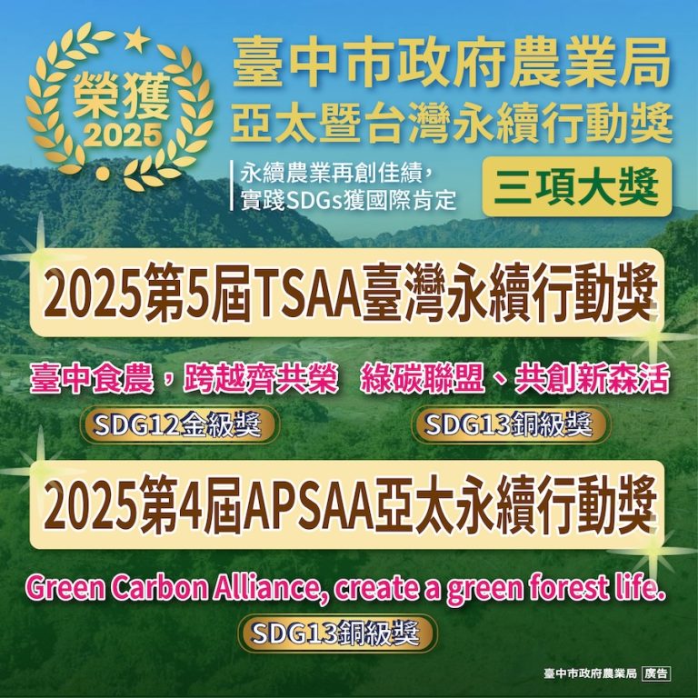 實踐SDGs獲國際肯定 中市永續農業榮獲2025亞太暨台灣永續行動獎1金2銅