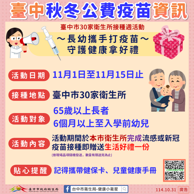 秋冬疫苗第二階段11月1日開打 中市府籲符合公費對象儘速接種