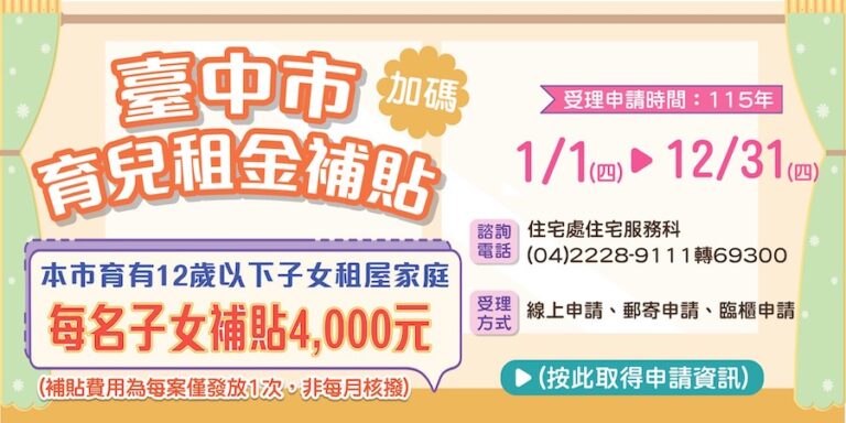 中市育兒租金補貼1月1日開放申請 每名子女補助4千元且無子女數上限