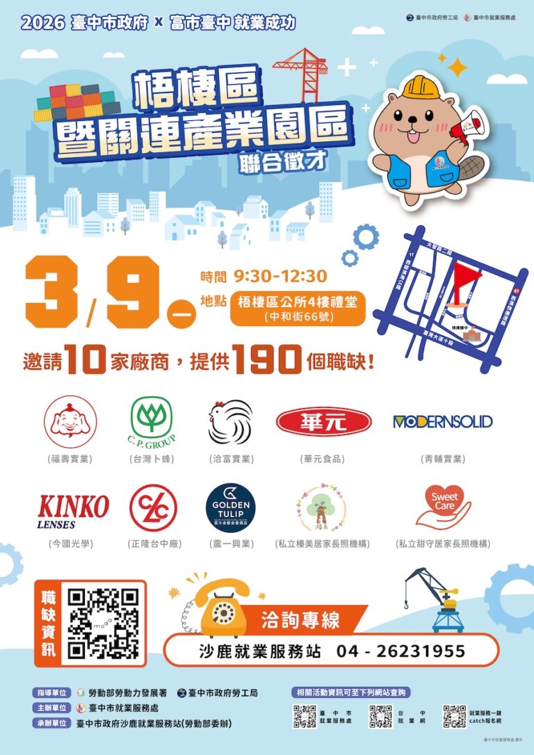 中市梧棲區聯合徵才3/9登場！勞工局推在地就業 共10家廠商、190名職缺